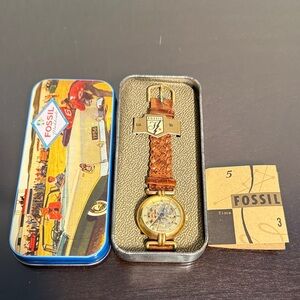 Vintage Fossil Brown Braided Leather Skeleton Watch with tin case, batteryneeded